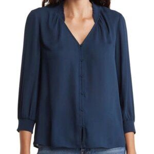 Navy Blue Ruffle Neck Button Down Blouse
